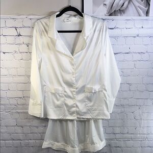 ✨ White Satin Pajama Set - Long Sleeve Button-Up Top w Drawstring Shorts, Sz XS